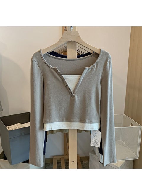 Color Blocking Two-Piece Illusion Long Sleeve T-Shirt Womens Autumn Slimming Base Layer Top V-Neck Design Sensibility Khaki