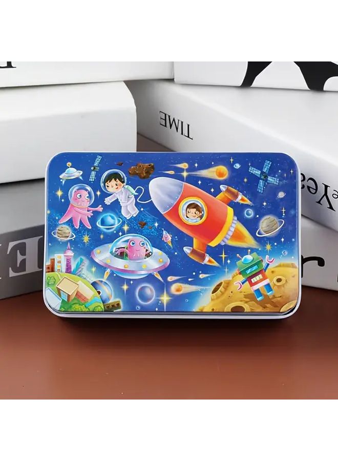 Space Adventure Wooden Puzzle Board 60 Pcs Iron Box Childrens Educational Toy - Image 1