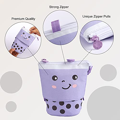 FINEMOE Polyester Standing Pencil Case Cute Pencil Pouch For Girls Boys - Korean Boba Pop Up Stationery Makeup Cosmetic Organizer Box, Pen Pencil For Boys Kids Women School Students (Purple) - Image 2