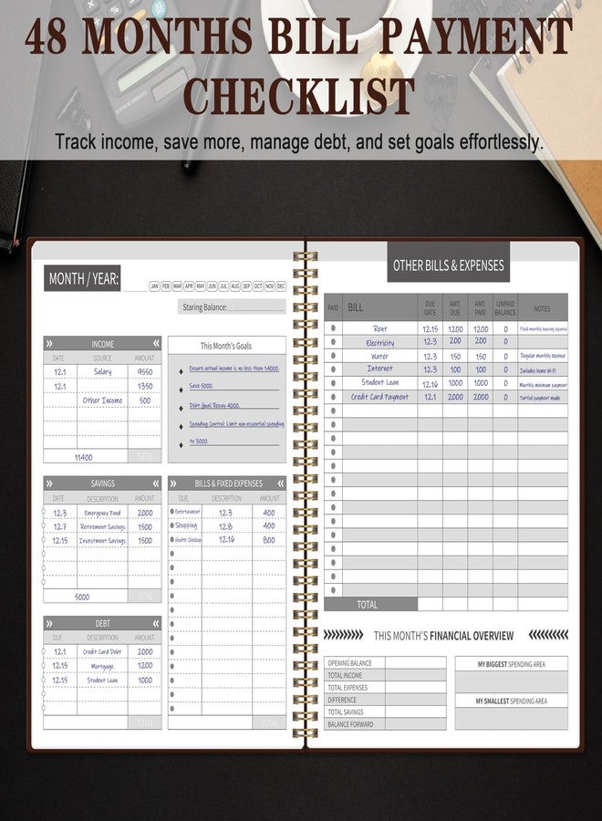 Kamoy Undated Monthly Bill Payment - 48-Month Undated Financial Organizer with Income Tracker, Savings & Debt Management, Yearly Goals, Expense Tracking 8.7×10.6 In, Brown - Image 3