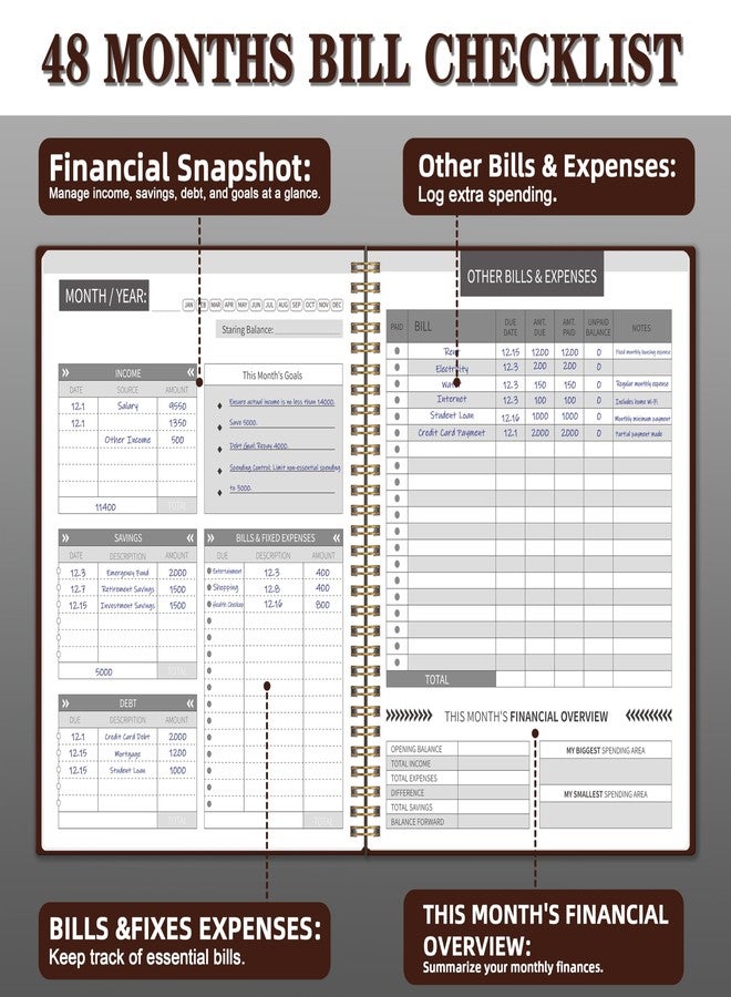 Kamoy Undated Monthly Bill Payment - 48-Month Undated Financial Organizer with Income Tracker, Savings & Debt Management, Yearly Goals, Expense Tracking 8.7×10.6 In, Brown - Image 4