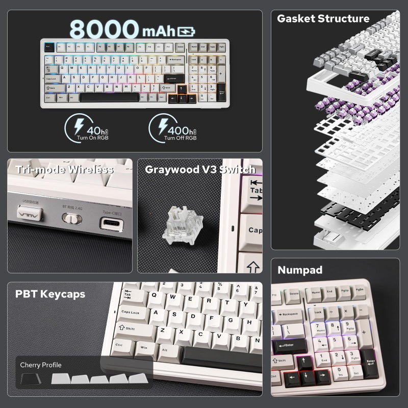EPOMAKER x AULA F99 Wireless Mechanical Keyboard, Hot Swappable Gasket Custom Gaming Keyboard with Five-Layer Padding, Bluetooth/2.4GHz/USB-C, 8000mAh Battery (White Grey, Graywood V3 Switch) - Image 2