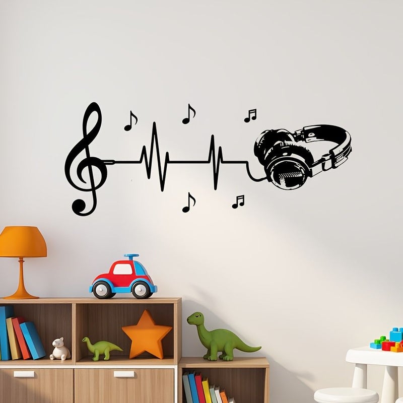 Black Headphones Self-Adhesive Waterproof PVC Music Wall Decals Irregular Shape DIY Earphone Decor - Image 1