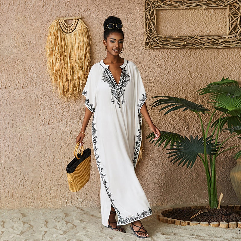 2023 New Arrival Cotton Loose Large Size Holiday Beach Blouse Stand Collar Dress Bikini Blouse Swimwear(White and Black Embroidery, All yards) - Image 1