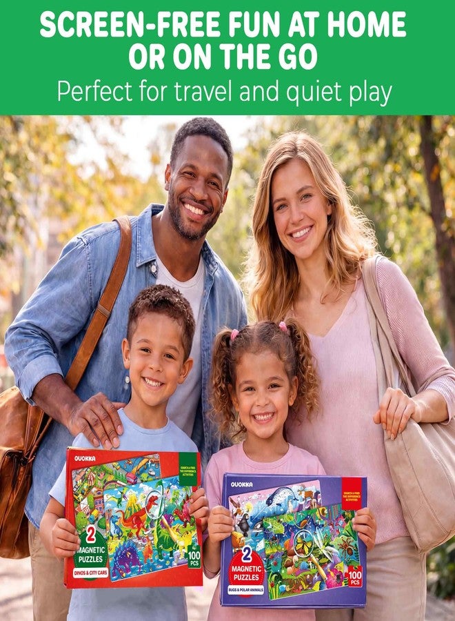 QUOKKA Magnetic Puzzles for Kids Ages 4-6 – 100 PCS Magnetic Puzzle Book for Toddlers 3-5 – 2 Puzzles & 2 Spot The Difference Maps – Search & Find Travel Games – Activity Book Dinos & City Cars - Image 5