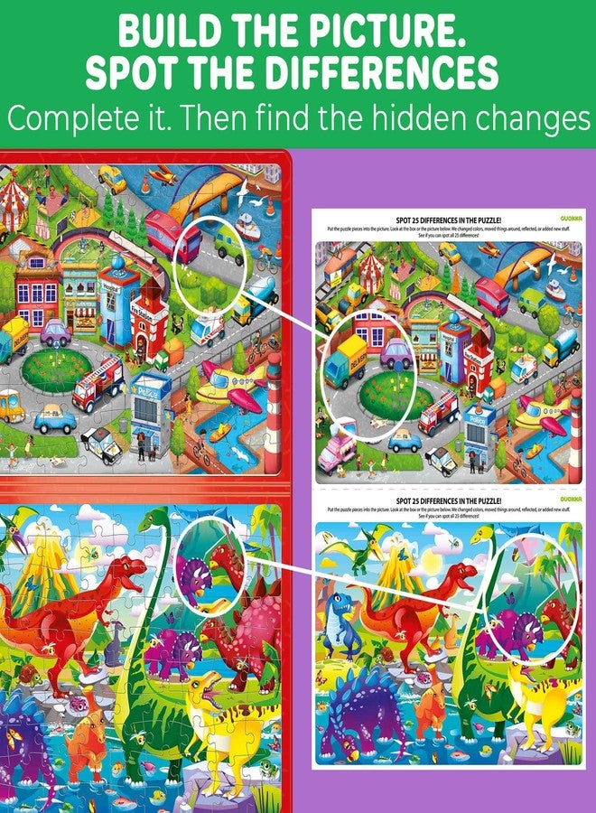 QUOKKA Magnetic Puzzles for Kids Ages 4-6 – 100 PCS Magnetic Puzzle Book for Toddlers 3-5 – 2 Puzzles & 2 Spot The Difference Maps – Search & Find Travel Games – Activity Book Dinos & City Cars - Image 3