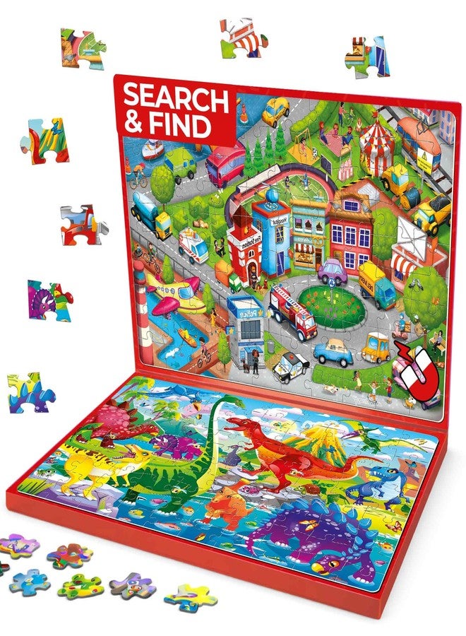 QUOKKA Magnetic Puzzles for Kids Ages 4-6 – 100 PCS Magnetic Puzzle Book for Toddlers 3-5 – 2 Puzzles & 2 Spot The Difference Maps – Search & Find Travel Games – Activity Book Dinos & City Cars - Image 1