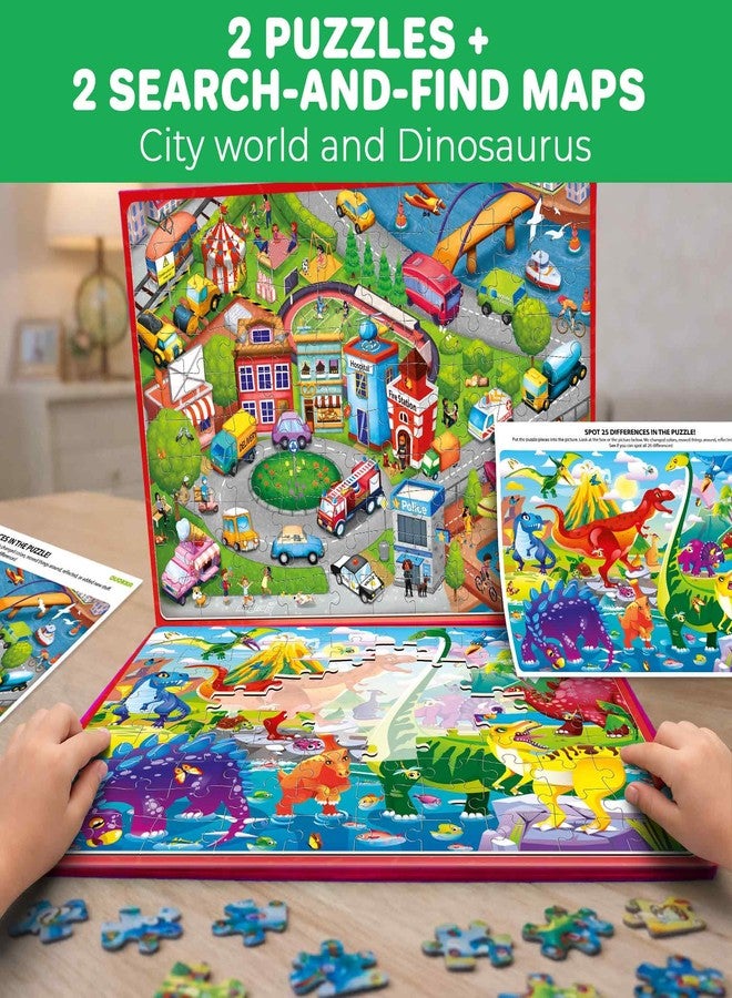 QUOKKA Magnetic Puzzles for Kids Ages 4-6 – 100 PCS Magnetic Puzzle Book for Toddlers 3-5 – 2 Puzzles & 2 Spot The Difference Maps – Search & Find Travel Games – Activity Book Dinos & City Cars - Image 2