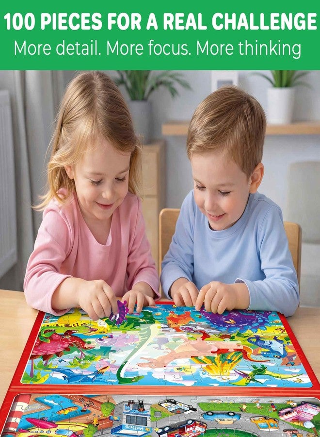 QUOKKA Magnetic Puzzles for Kids Ages 4-6 – 100 PCS Magnetic Puzzle Book for Toddlers 3-5 – 2 Puzzles & 2 Spot The Difference Maps – Search & Find Travel Games – Activity Book Dinos & City Cars - Image 4