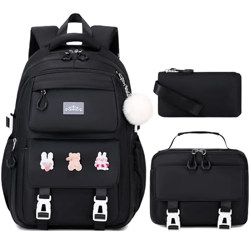 DIGOBAY 3PCS Girls Backpack for School Kids Backpack for Girls with Lunch Box Pencil Case Set for Teen Girl Elementary Primary Middle High College School Bookbag with Cute Pins Black - Image 1