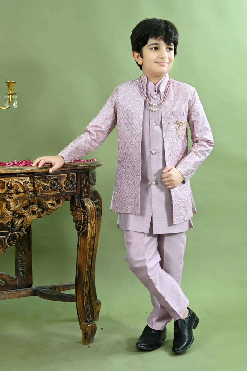 Boys Purple Geometric Embroidered Sherwani Set