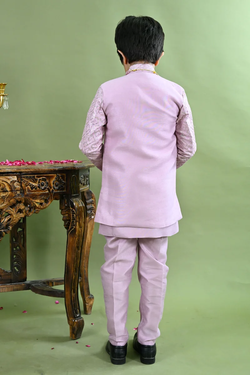 BT DEZINES Boys Purple Geometric Embroidered Sherwani Set