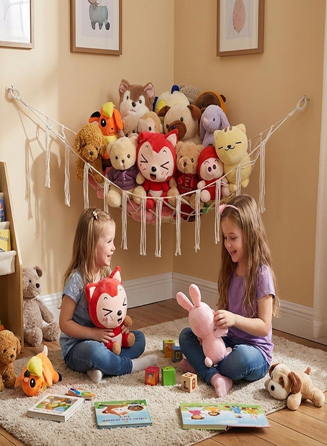 YKBU Stuffed Animals Hammock Corner Hanging Net Macrame Stuffed Animal Storage Plush Toy Holder Toy Organizer for Boho Nursery Playroom Bedroom Kids Room (cream, Large) - Image 2