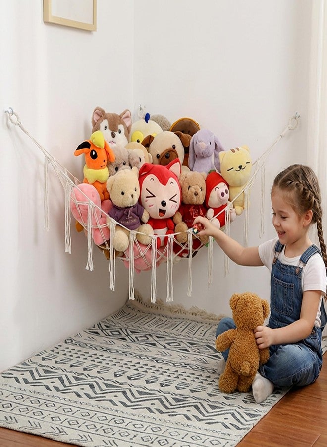 YKBU Stuffed Animals Hammock Corner Hanging Net Macrame Stuffed Animal Storage Plush Toy Holder Toy Organizer for Boho Nursery Playroom Bedroom Kids Room (cream, Large) - Image 1