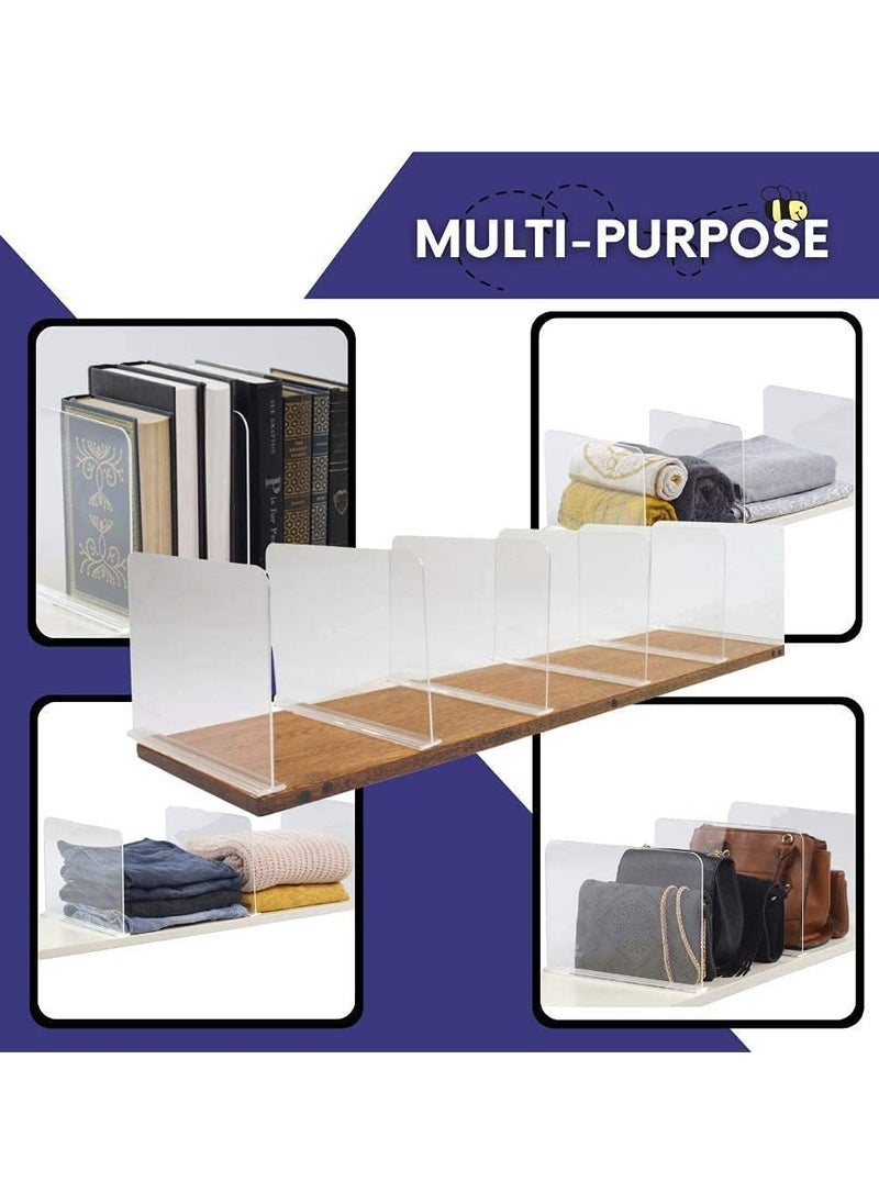 Clear Acrylic Closet Shelf Dividers for Clothes, Handbags, Purses, Books, Sweaters - Nano Tape Separators to Organize Wooden Shelves - 8" Tall - Pack of 6