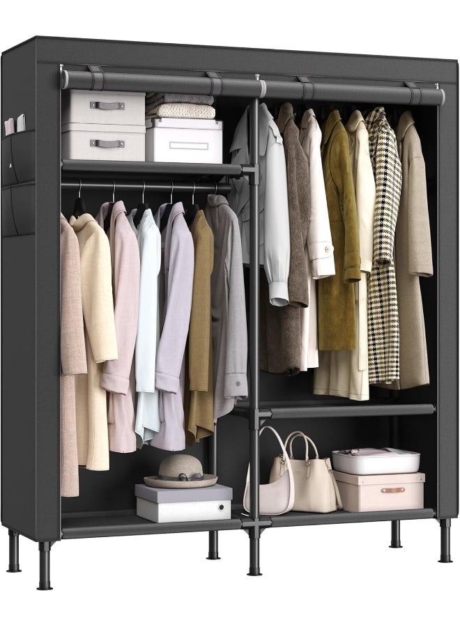 Songmics Wardrobe Closet, 65 Inch Heavy Duty Portable Closet, Freestanding Closet Organizer, Clothes Rack With Cover, 2 Hanging Rails, 3 Shelves,4 Side Pockets,Black 165x45x190 cm - Image 1