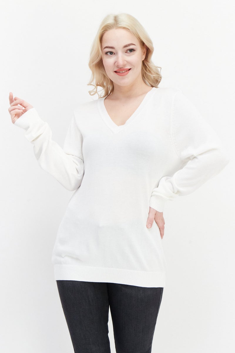 Greg Norman Women V-Neck Long Sleeves Textured Sweater, White - Image 1