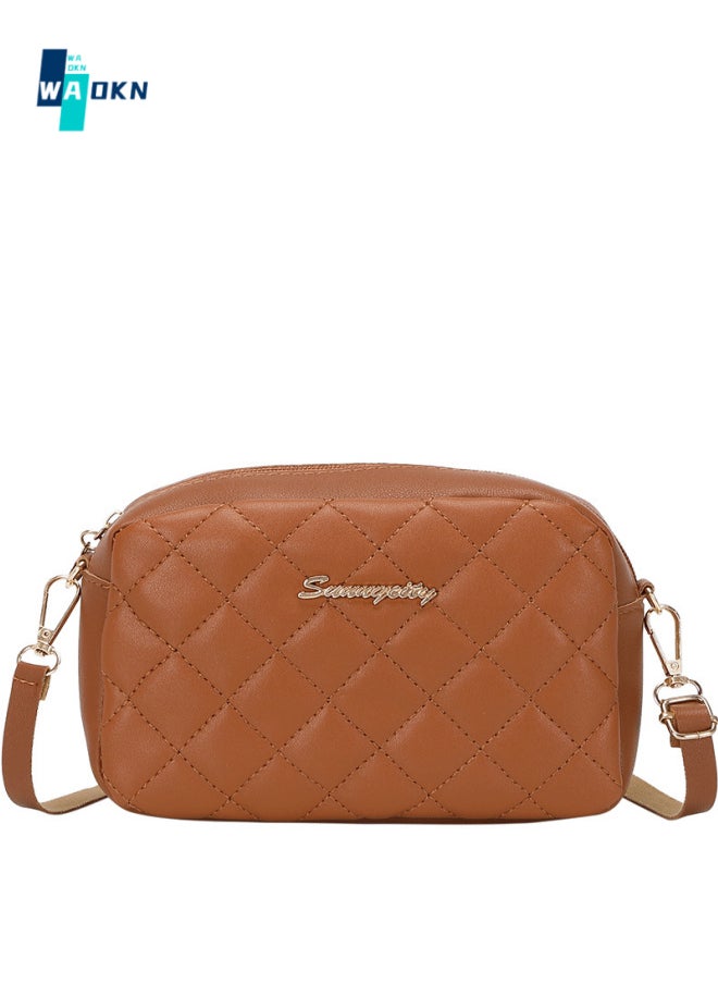 WAOKN - Women's Fashion Diamond Check Crossbody Bag, Casual Solid Color  Handbag Messenger Bag for Women, Girls Simple PU Leather Gift Bag (Brown) - Image 1
