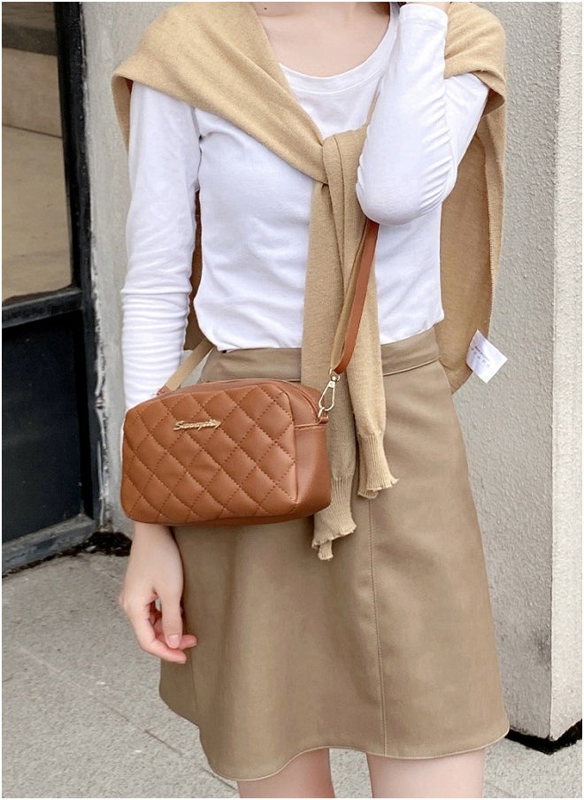 WAOKN - Women's Fashion Diamond Check Crossbody Bag, Casual Solid Color  Handbag Messenger Bag for Women, Girls Simple PU Leather Gift Bag (Brown) - Image 1
