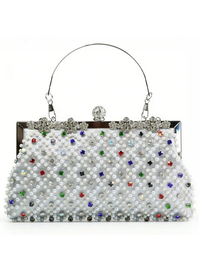 Beaded Evening Clutch Bag for Women, Rhinestone & Pearl Embellished Handbag with Gold Metal Frame, Elegant Party Purse with Detachable Chain Strap - Image 1