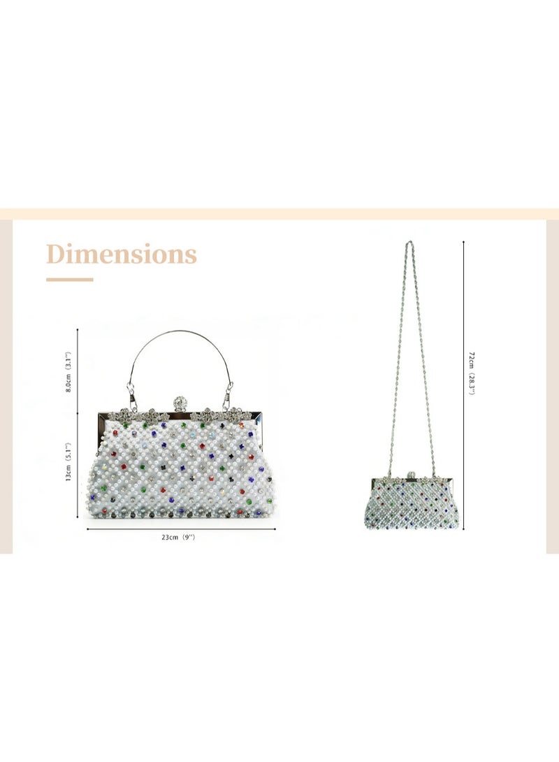Beaded Evening Clutch Bag for Women, Rhinestone & Pearl Embellished Handbag with Gold Metal Frame, Elegant Party Purse with Detachable Chain Strap - Image 3
