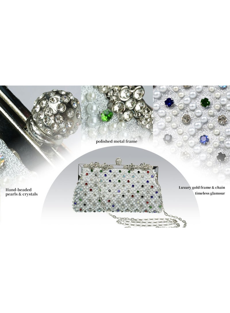 Beaded Evening Clutch Bag for Women, Rhinestone & Pearl Embellished Handbag with Gold Metal Frame, Elegant Party Purse with Detachable Chain Strap - Image 2