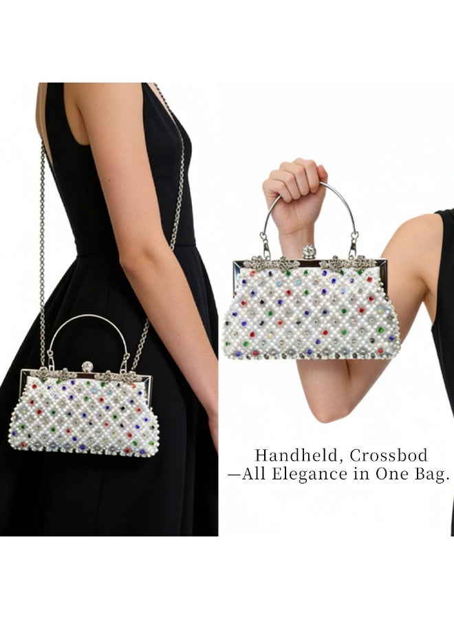 Beaded Evening Clutch Bag for Women, Rhinestone & Pearl Embellished Handbag with Gold Metal Frame, Elegant Party Purse with Detachable Chain Strap - Image 4