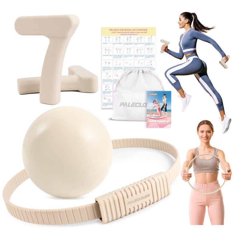 Paleclouds Pilates Ring Set, Pilates Essential Kit with Pilates Ring and Ball, 2.2lb *2 Ergonomic 7-Shaped Dumbbells, Portable Bag & Training Poster, at Home Workouts Pilates Sets for Women (Beige) - Image 1
