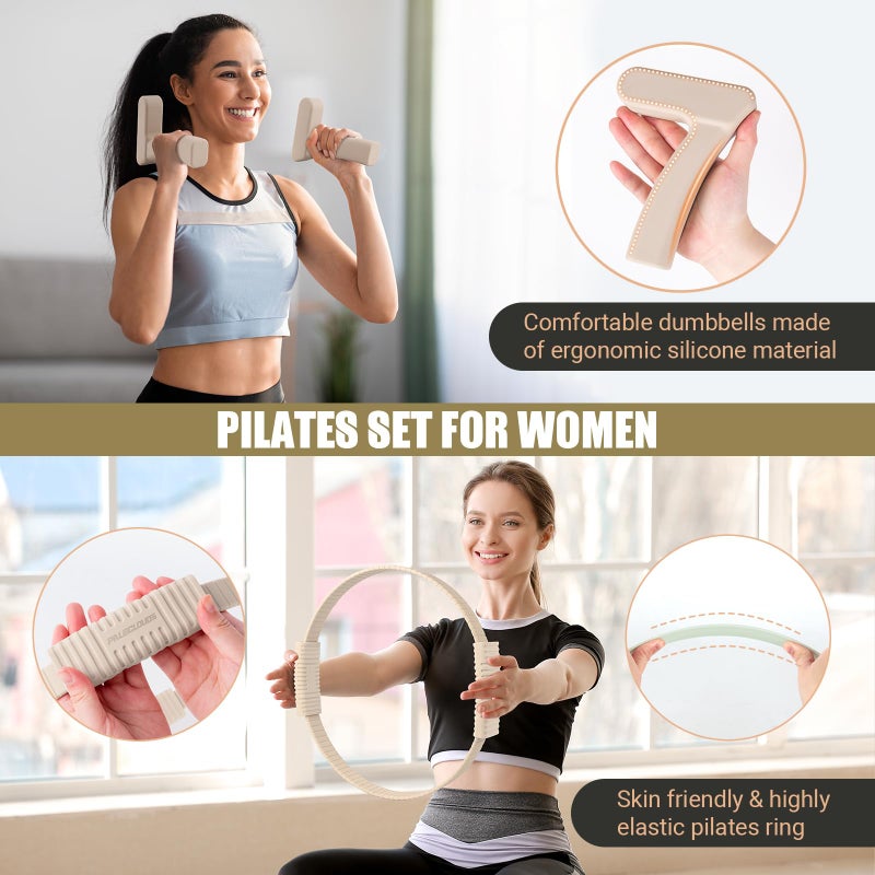 Paleclouds Pilates Ring Set, Pilates Essential Kit with Pilates Ring and Ball, 2.2lb *2 Ergonomic 7-Shaped Dumbbells, Portable Bag & Training Poster, at Home Workouts Pilates Sets for Women (Beige) - Image 2