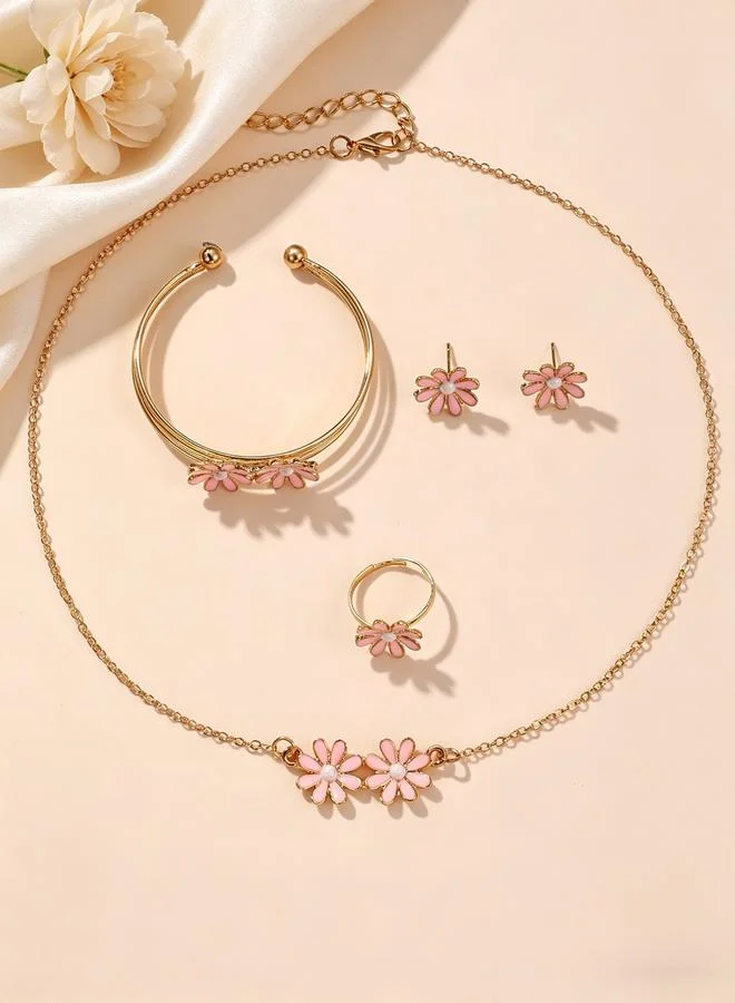 Take Two  Girls Pink Flower Charm Necklace, Bracelet, Ring and Earrings Set for Women | Best Price UAE