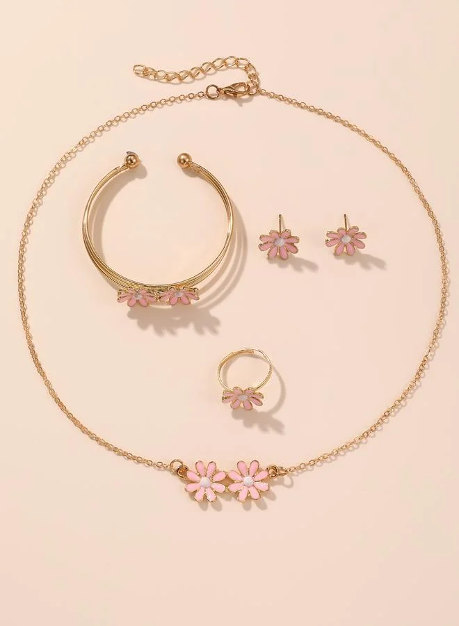 Girls Pink Flower Charm Necklace, Bracelet, Ring and Earrings Set