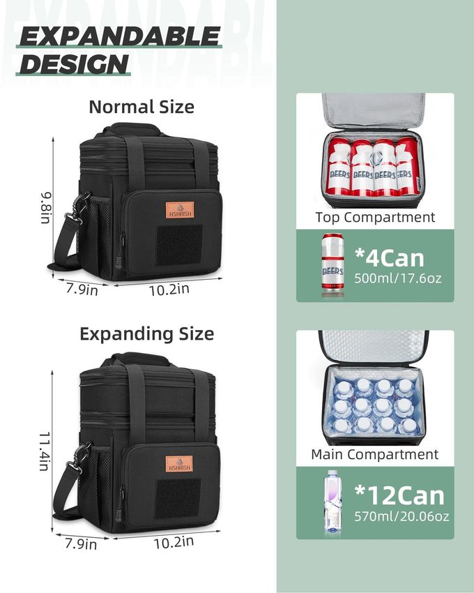 HSHRISH Expandable Large Tactical Lunch Box for Adults, Durable Insulated Lunch Bag with Shoulder Strap, Soft Cooler Bag for Men Work Outdoor Picnic Trips, 20 Can/16 L, Black - Image 2