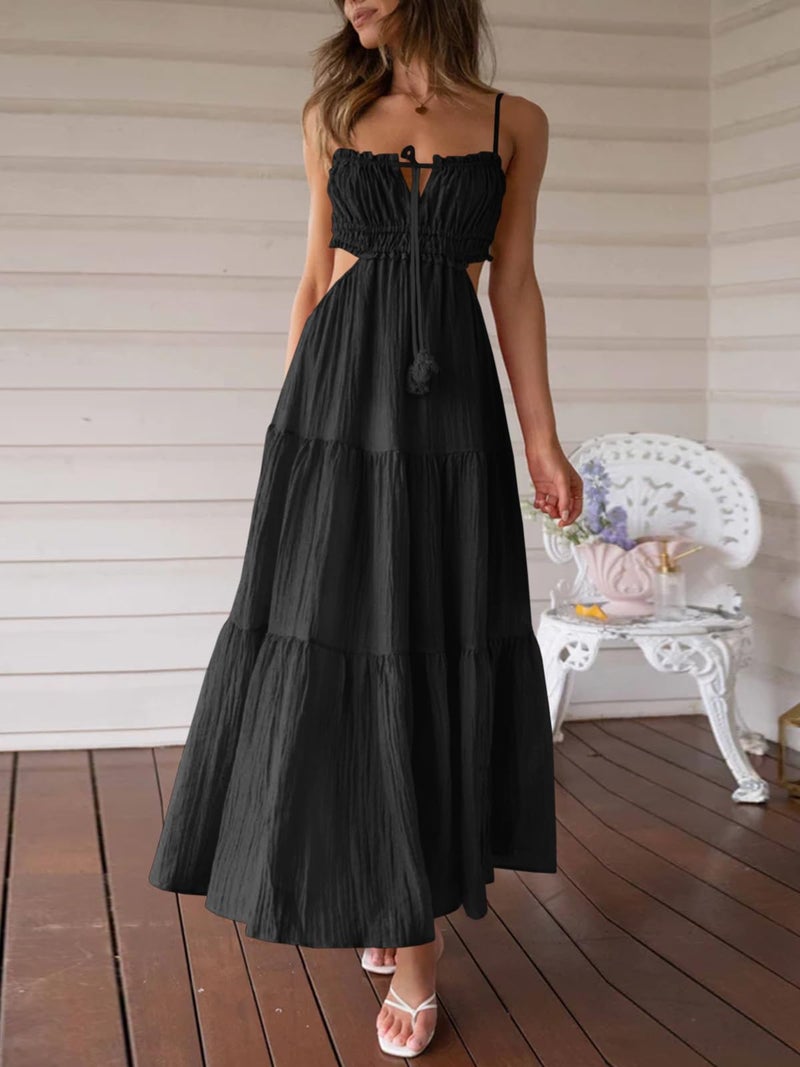 Fisoew Women's Spaghetti Strap Maxi Dress Summer Sleeveless Side Cut Out Dress Casual Boho Backless Flowy Long Dresses Black - Image 2