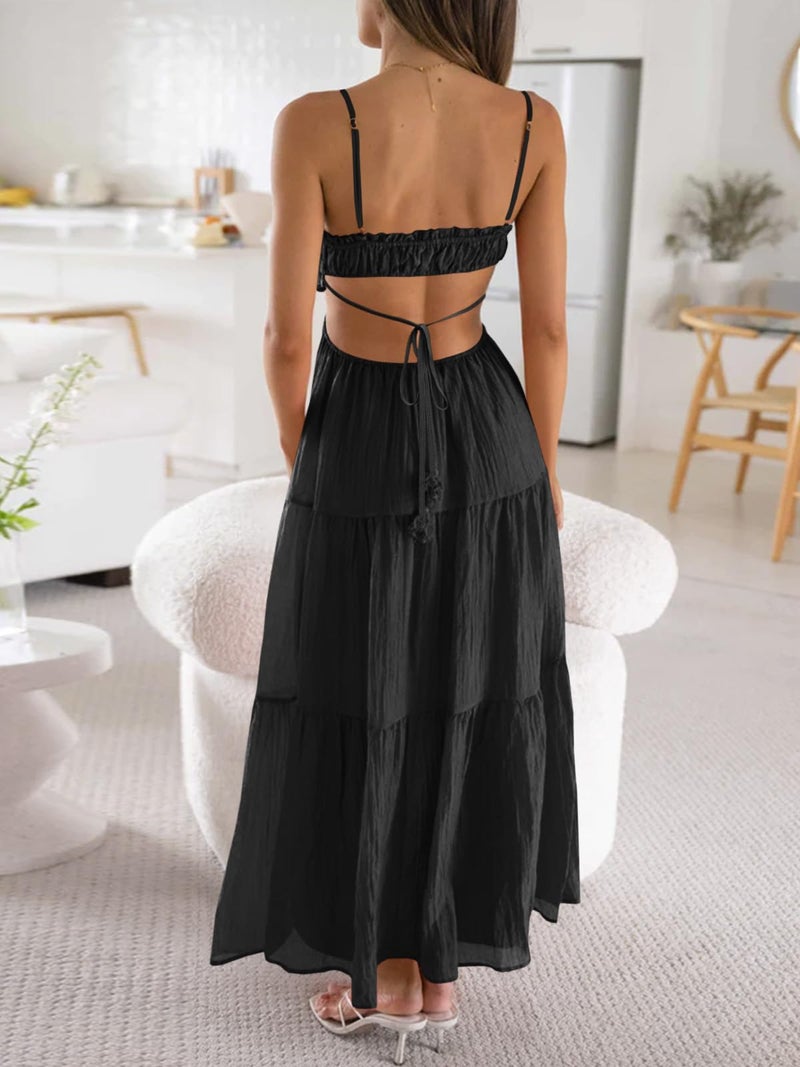 Fisoew Women's Spaghetti Strap Maxi Dress Summer Sleeveless Side Cut Out Dress Casual Boho Backless Flowy Long Dresses Black - Image 3