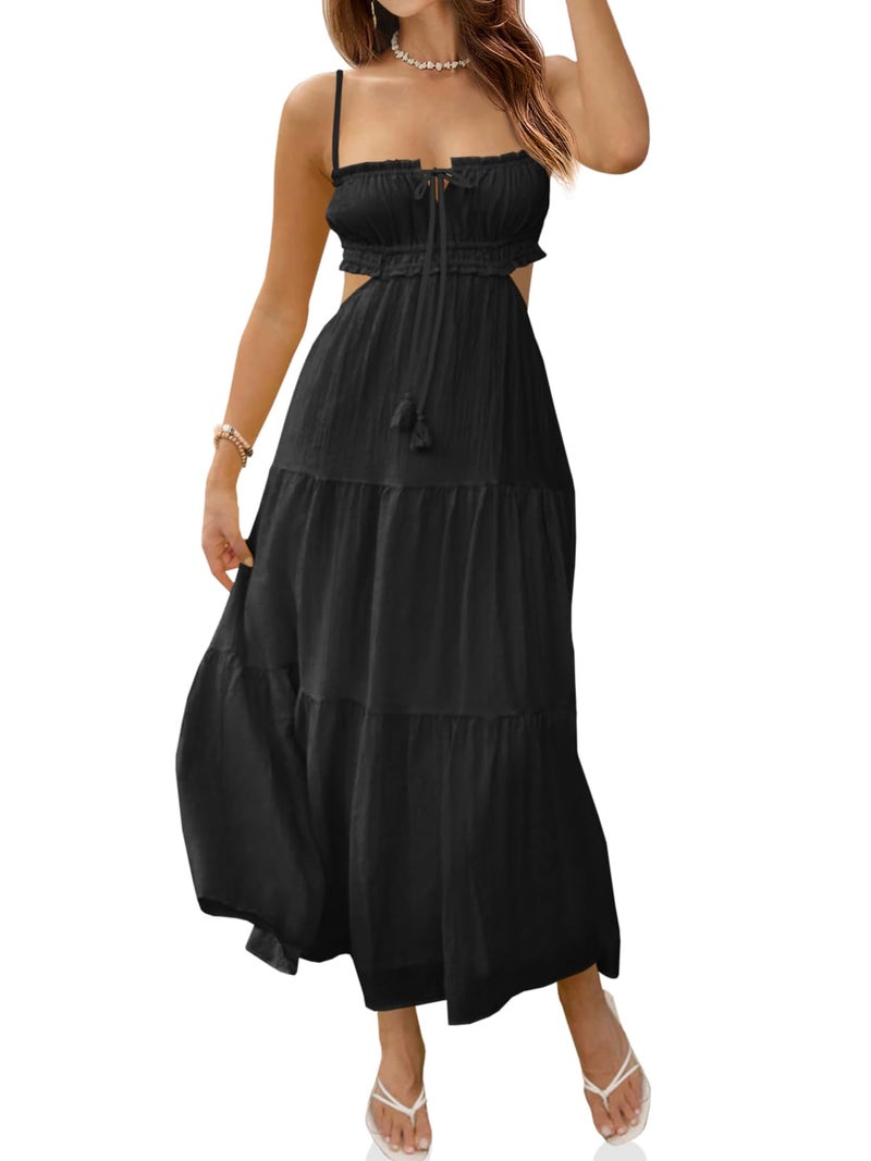 Fisoew Women's Spaghetti Strap Maxi Dress Summer Sleeveless Side Cut Out Dress Casual Boho Backless Flowy Long Dresses Black - Image 1