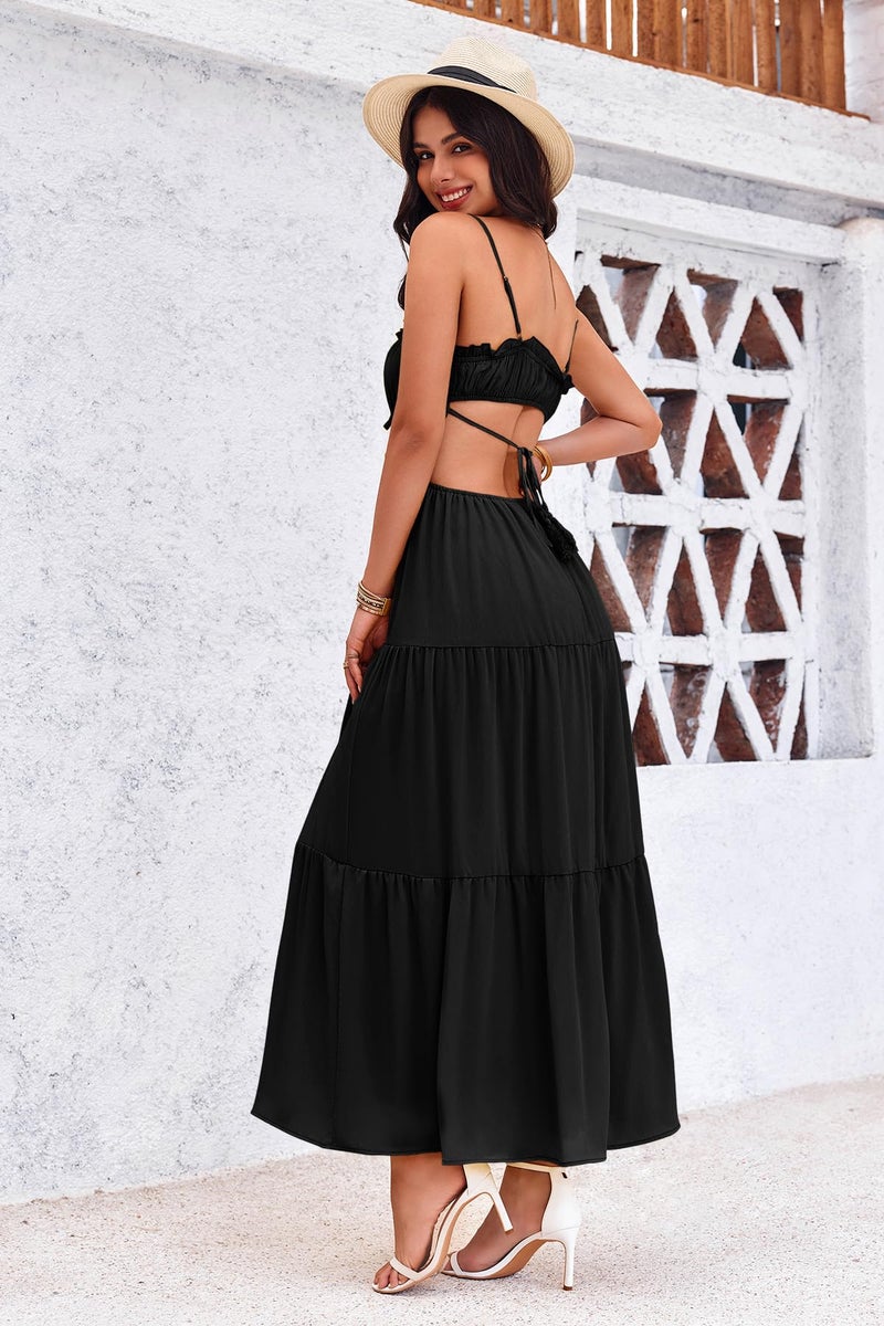 Fisoew Women's Spaghetti Strap Maxi Dress Summer Sleeveless Side Cut Out Dress Casual Boho Backless Flowy Long Dresses Black - Image 5