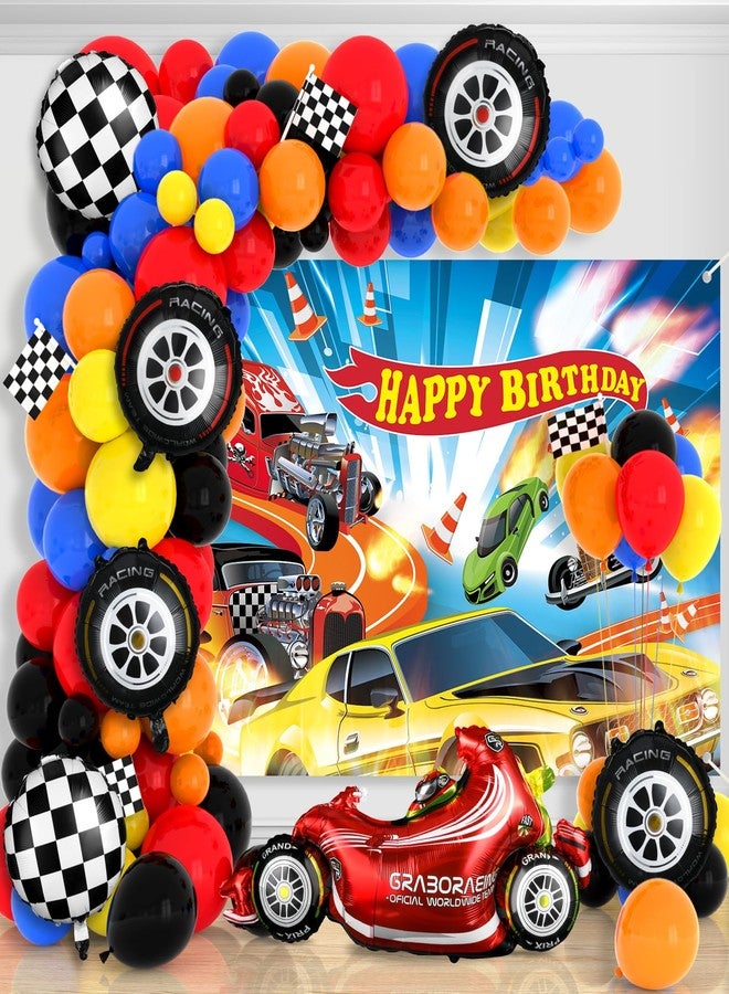 Tevxj Race Car Birthday Party Decorations Race Cars Balloon Arch Kit with Hot Cars Birthday Backdrop Banner Monster Truck Wheels Checkered Foil Balloons for Kids Boys Racing Signs Baby Shower Decorations - Image 1