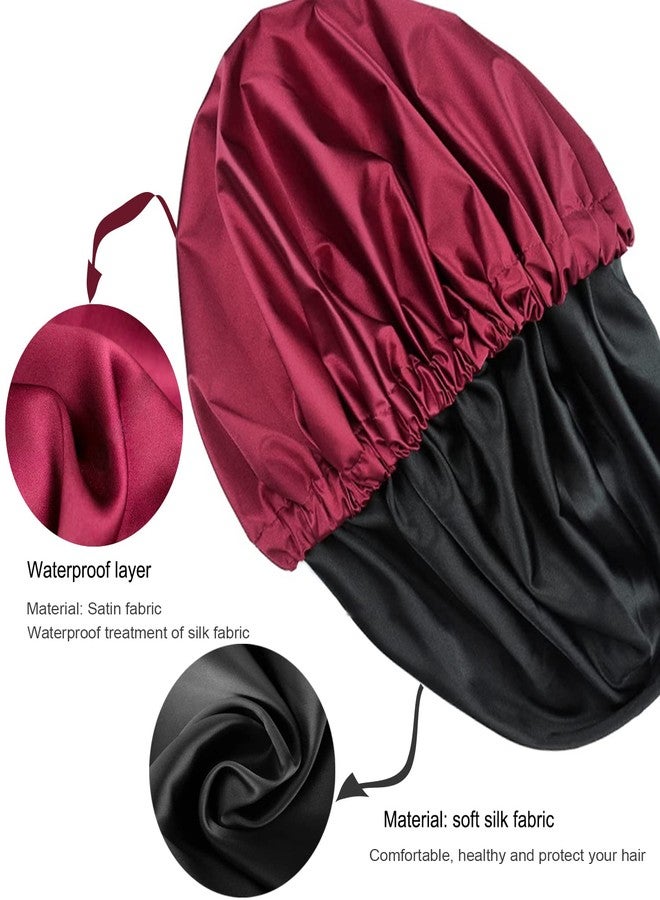 Amamba Shower Cap for Women, Reusable and Double Layer Waterproof, Large Shower Cap for Women, Adjustable Shower Caps Hair Cap with Satin Lined, for All Hair Styles-Red - Image 2
