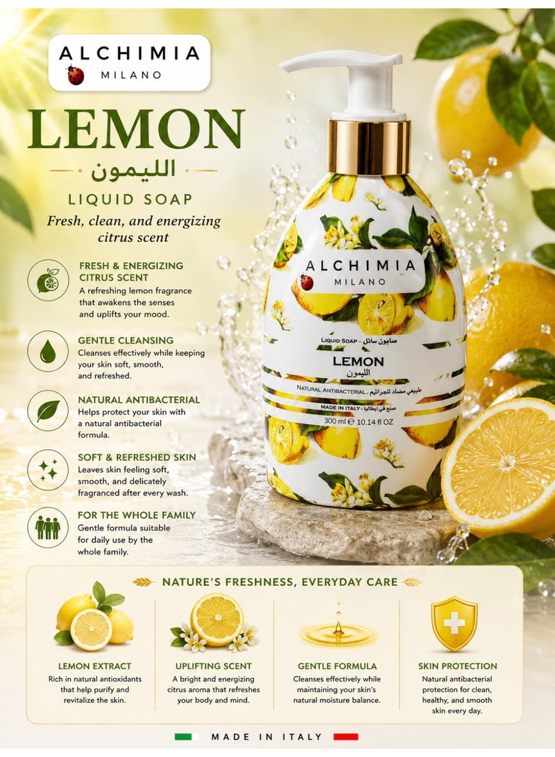 Alchimia Natural Antibacterial Liquid Soap Lemon 300ML | Energizing citrus scent | Hands Cleansing soap| Maintain soft and smooth Hand| Germ Protection & Deep Cleansing - Image 3