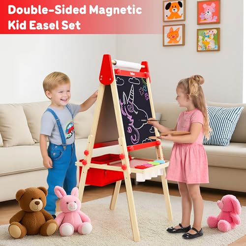 Belleur AllinOne Art Easel for Kids Adjustable Double Sided Easel for Toddlers with Magnetic Whiteboard DryErase Chalk Board Paper Roll Child Painting Easel for Kid 28 Birthday Gift Red - Image 5
