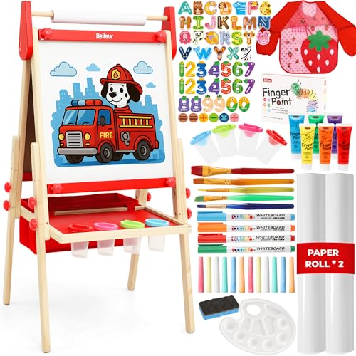 Belleur AllinOne Art Easel for Kids Adjustable Double Sided Easel for Toddlers with Magnetic Whiteboard DryErase Chalk Board Paper Roll Child Painting Easel for Kid 28 Birthday Gift Red - Image 1