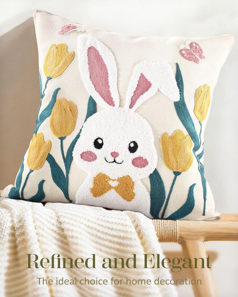 Kokaaee Easter Pillow Cover 18x18 Inch â€“ Embroidered Spring Throw Pillow Cover Rabbit Tulip Floral Farmhouse Decorative Easter Cushion Case with Hidden Zipper for Couch, Sofa, or Living Room(1 Pack) - Image 5
