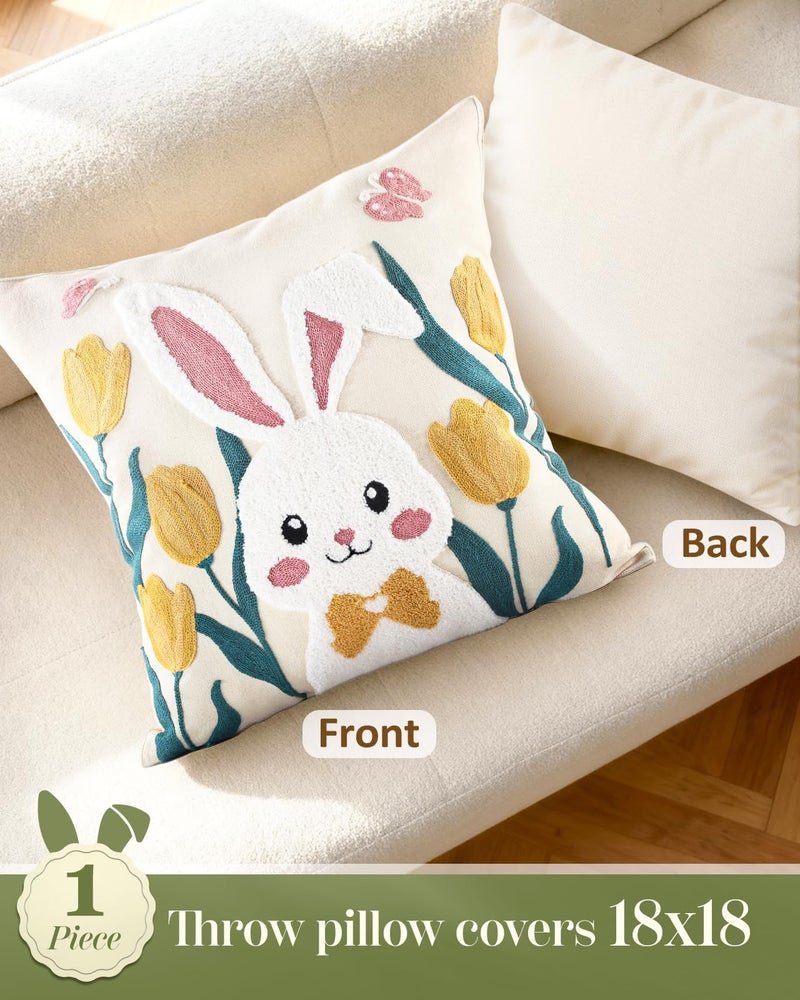 Kokaaee Easter Pillow Cover 18x18 Inch â€“ Embroidered Spring Throw Pillow Cover Rabbit Tulip Floral Farmhouse Decorative Easter Cushion Case with Hidden Zipper for Couch, Sofa, or Living Room(1 Pack) - Image 4