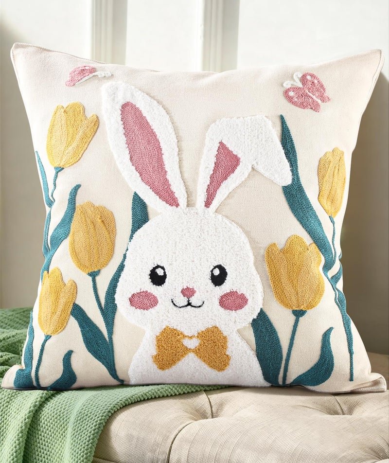 Kokaaee Easter Pillow Cover 18x18 Inch â€“ Embroidered Spring Throw Pillow Cover Rabbit Tulip Floral Farmhouse Decorative Easter Cushion Case with Hidden Zipper for Couch, Sofa, or Living Room(1 Pack) - Image 1