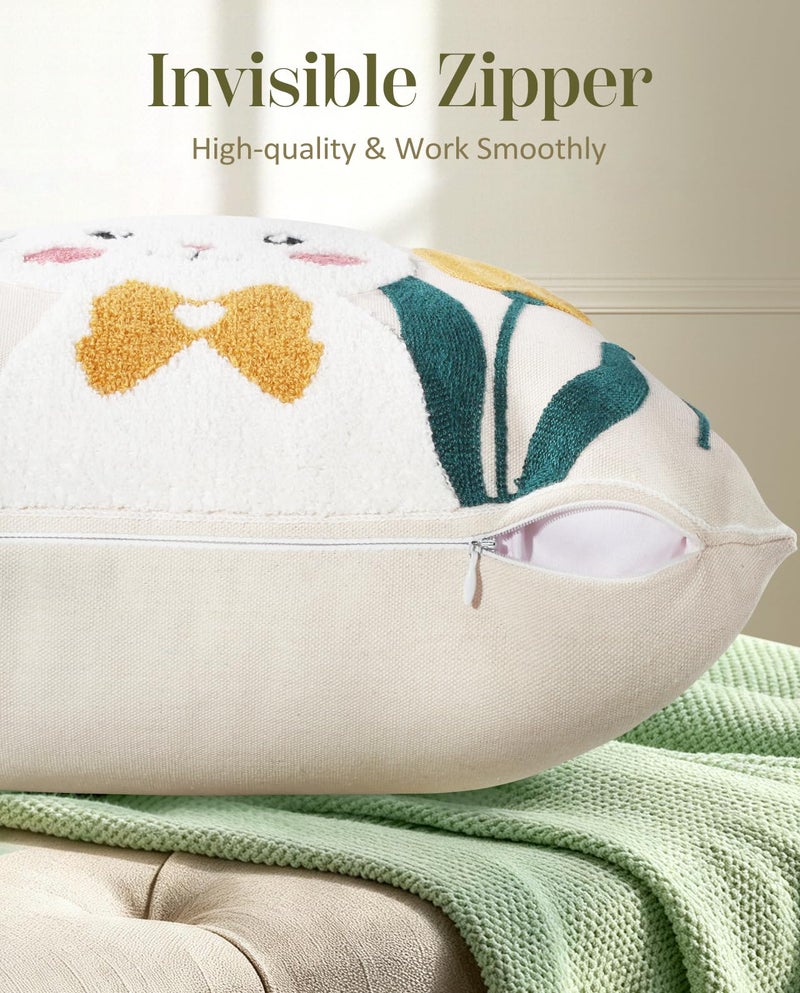 Kokaaee Easter Pillow Cover 18x18 Inch â€“ Embroidered Spring Throw Pillow Cover Rabbit Tulip Floral Farmhouse Decorative Easter Cushion Case with Hidden Zipper for Couch, Sofa, or Living Room(1 Pack) - Image 3