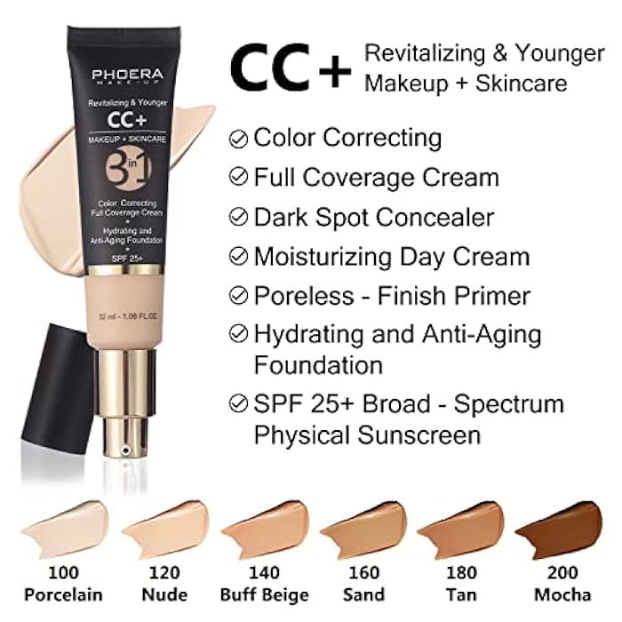 Hilareco PHOERA CC+ Cream,Full Coverage Foundation，Color Correcting Cream,Anti Aging Hydrating Serum & SPF 25+ Sunscreen - Natural Finish - 1.08 fl oz (160 Sand) - Image 2