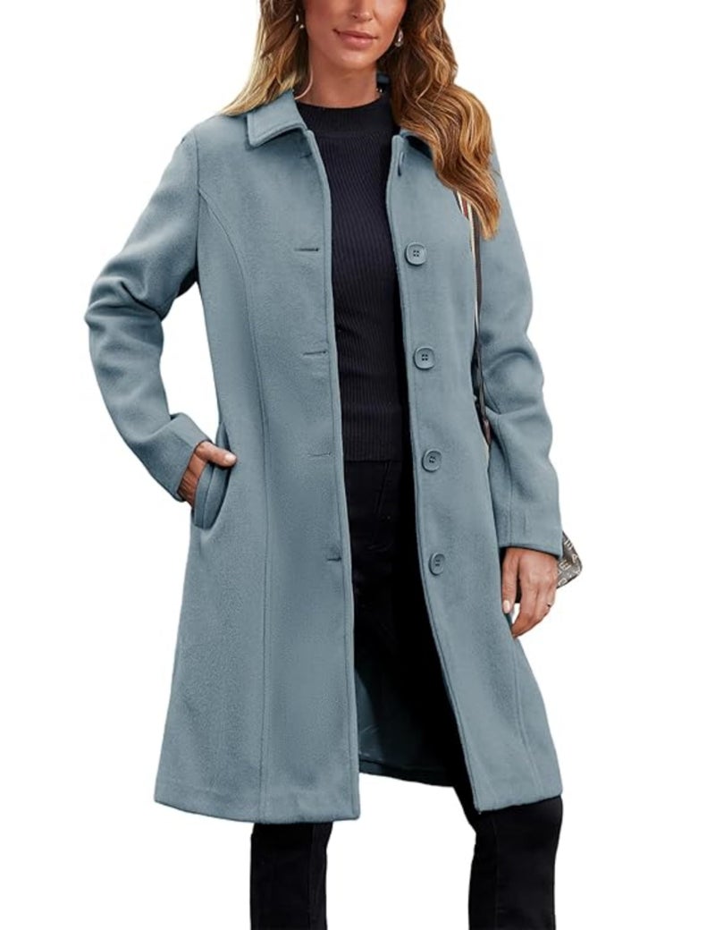 UANEO Womens Pea Coat Faux Wool Single Breasted Long Trench Coat Peacoat Dress Coat Winter (DustyBlue-L) - Image 1