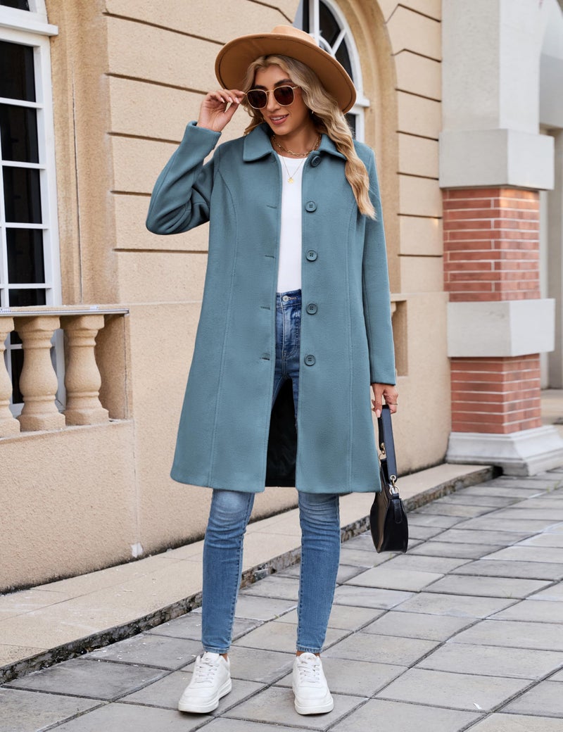 UANEO Womens Pea Coat Faux Wool Single Breasted Long Trench Coat Peacoat Dress Coat Winter (DustyBlue-L) - Image 5