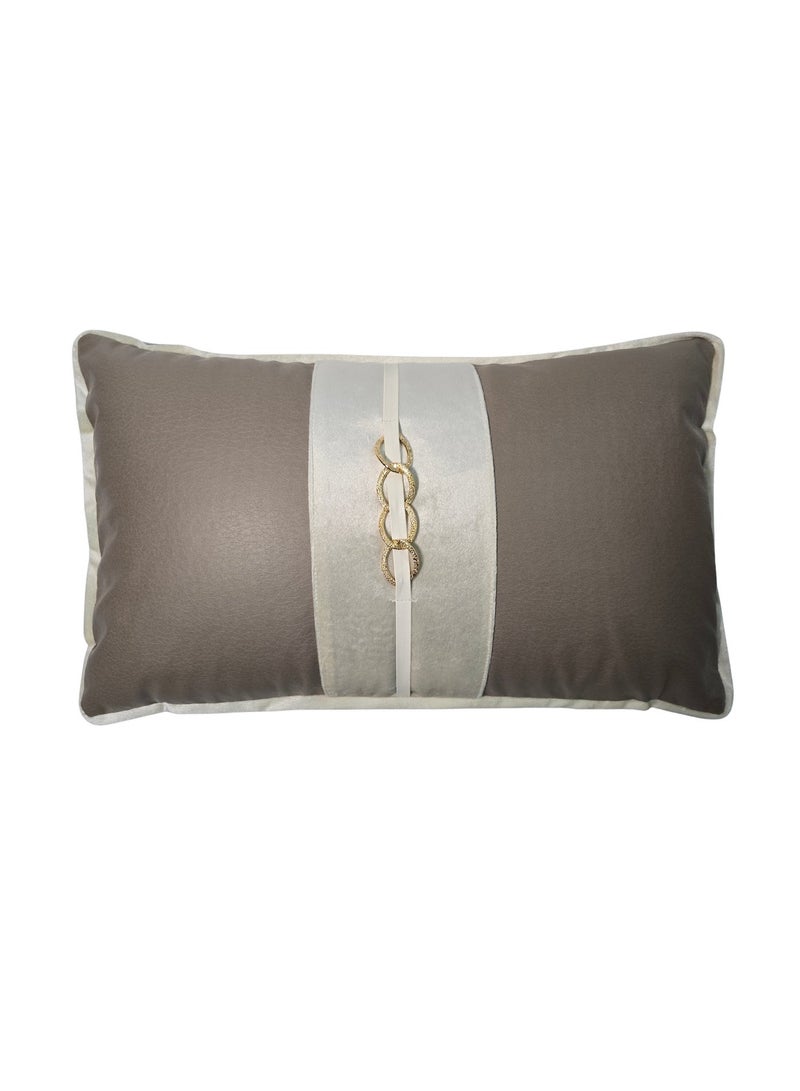 Set of 2 Elegant Faux Leather Pillow Cover | 30x50cm Brown with White Satin Stripe & Gold Chain Detail | Decorative Throw Pillow for Sofa, Bed - Image 1