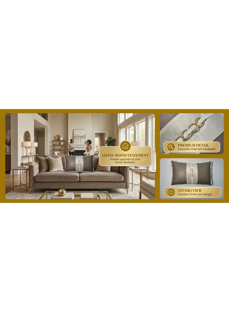 Set of 2 Elegant Faux Leather Pillow Cover | 30x50cm Brown with White Satin Stripe & Gold Chain Detail | Decorative Throw Pillow for Sofa, Bed - Image 2